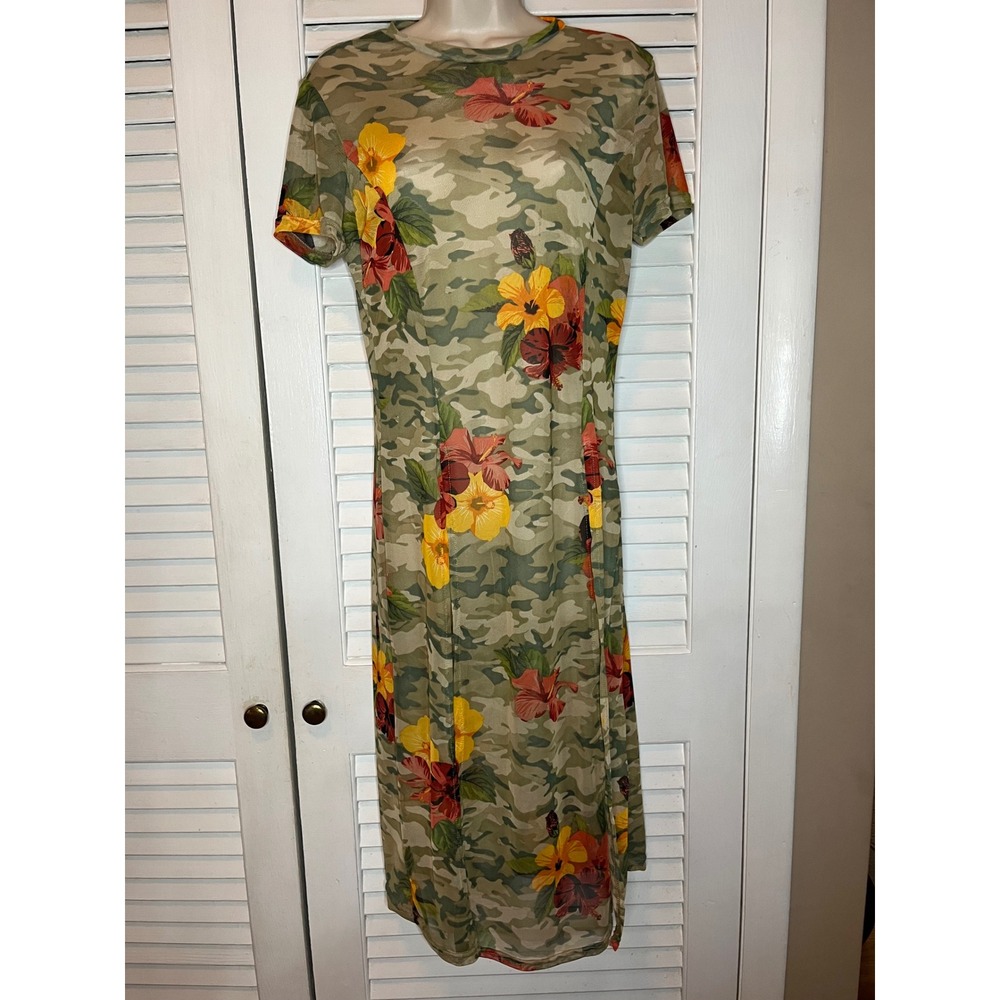 NNYC  Made in Egypt Floral Camo Print  Semi Sheer Dress Casual Comfy  Size L